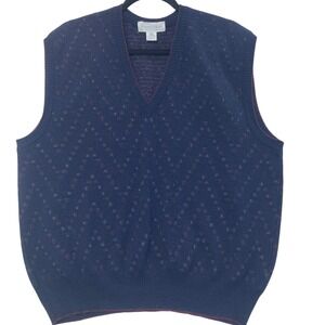 Vintage Tricots St Raphael Mens Wool Sweater Vest Navy Blue Chevron V-Neck L/XL